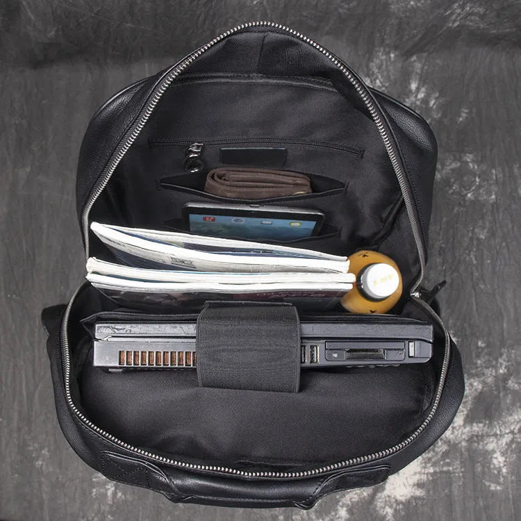 Men's leather handbag backpack in black first layer cowhide with multiple pockets and 30x12x42cm dimensions