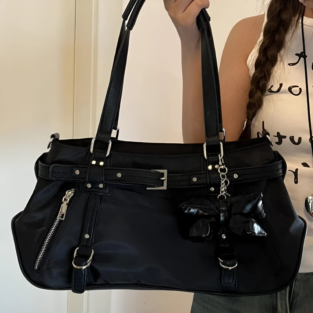 Soft PU motorcycle satchel with headwind texture, underarm design, horizontal square shape in black colour