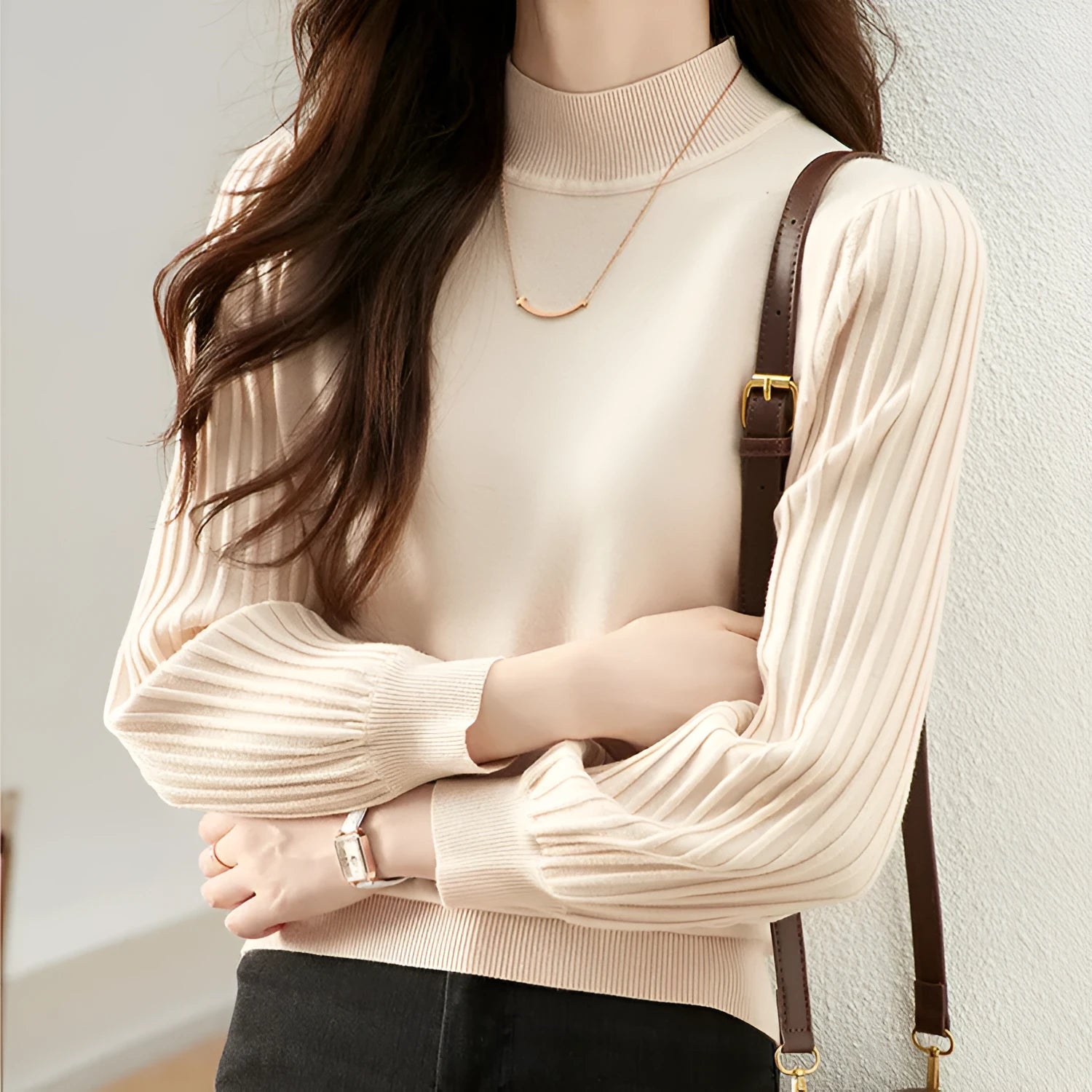 Slim fitting half turtleneck pullover shirt in a sunken stripe design, shown in apricot colour