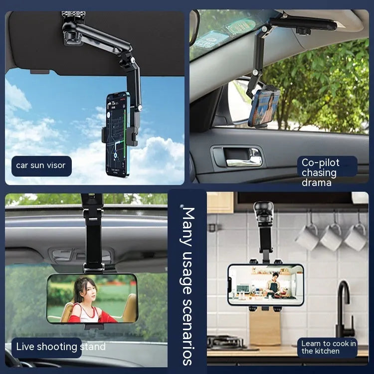 Car multi-function mobile phone bracket in black and green colour, showing one-clip stable design.