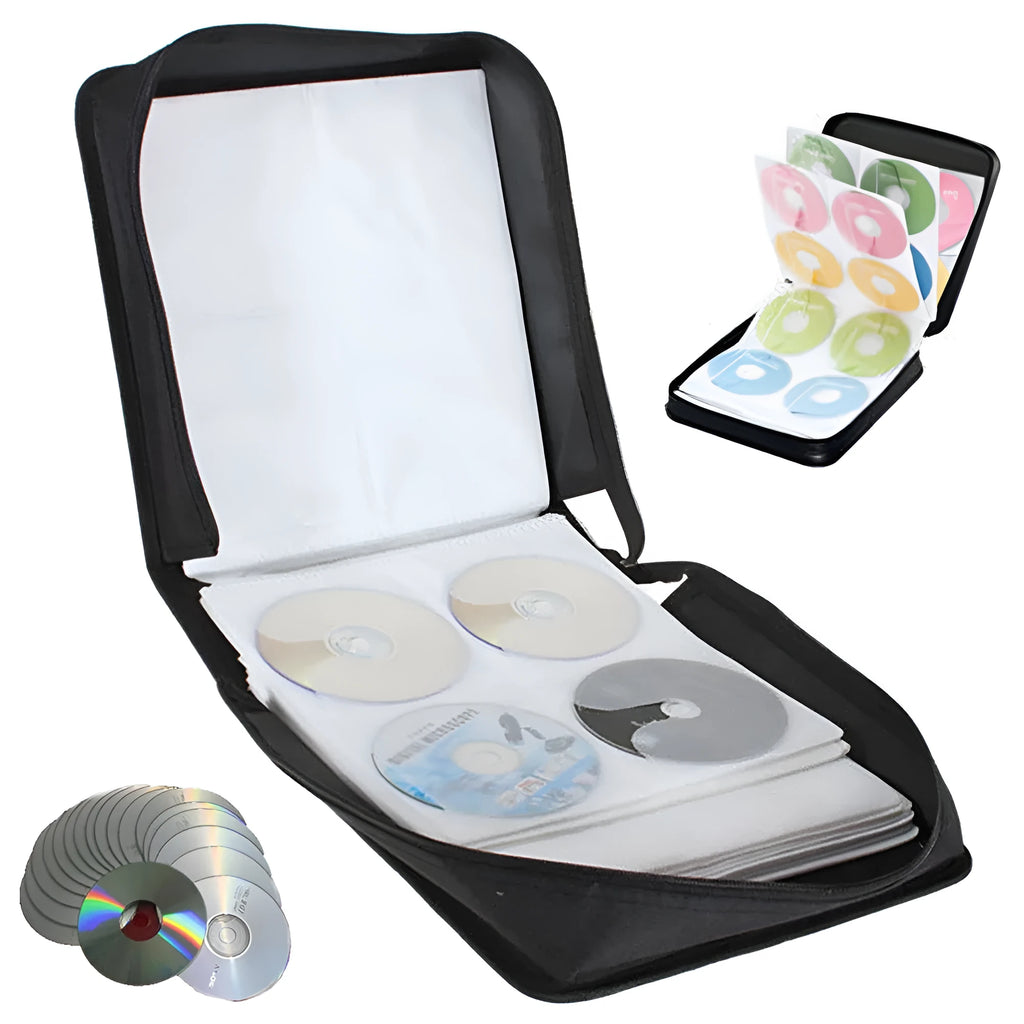 Black Oxford fabric CD DVD storage organiser binder with a top hand strap and zipper closure.