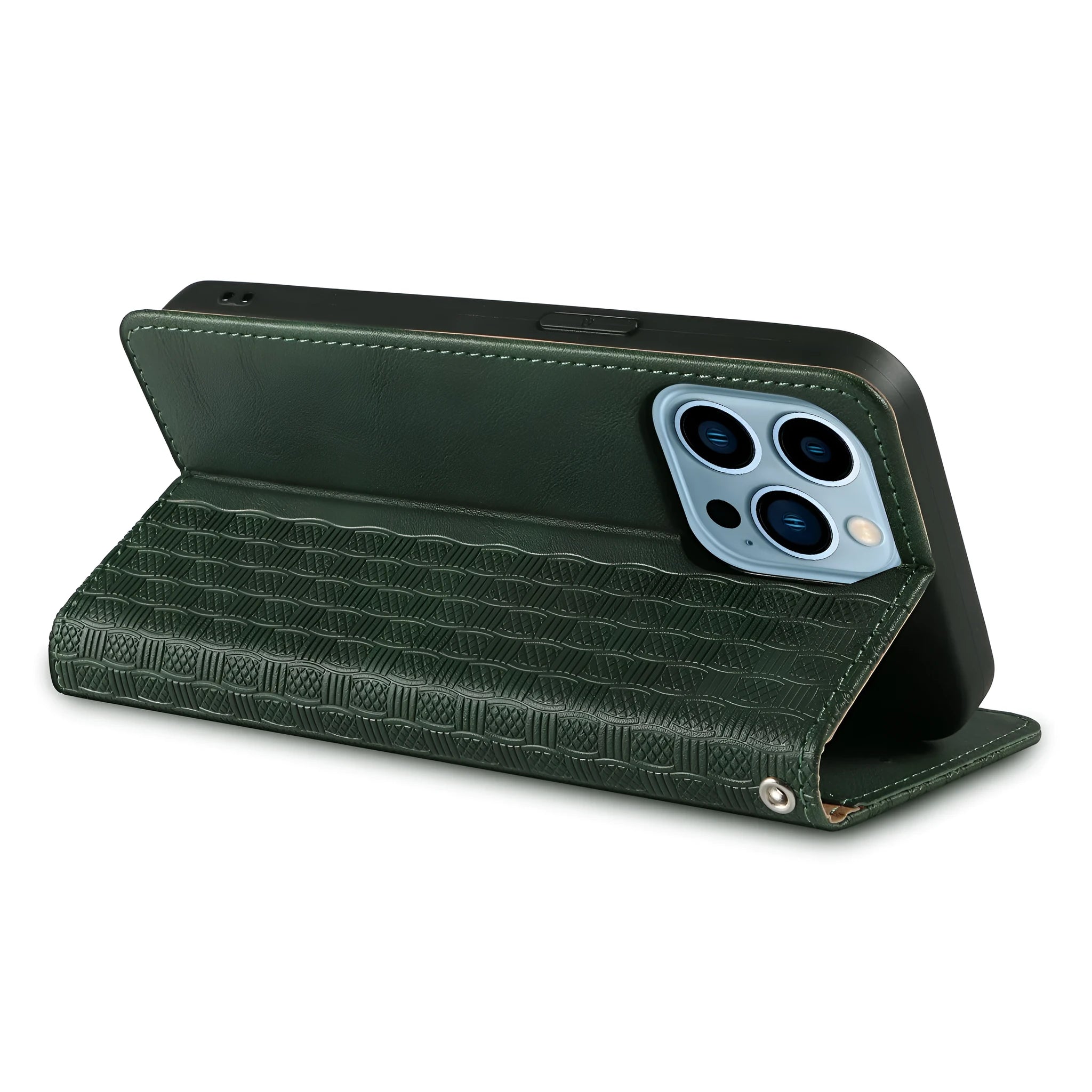 Embossed leather flip phone case for iPhone in black, shown open.
