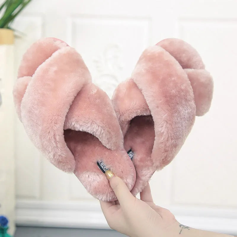 Cross open-toe fur slippers with patterned non-slip sole in multiple colour options