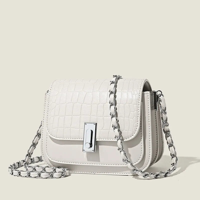 Women's soft PU shoulder bag with sandwich pockets and decorative sewing threads in horizontal square shape