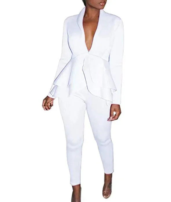 Women's ruffled air layer top and pencil pants business casual uniform set