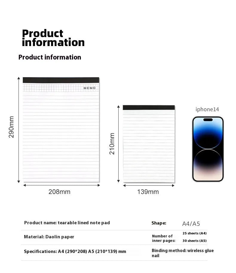 A4 tearable notebook with grid paper and wireless adhesive binding, shown in ivory white.