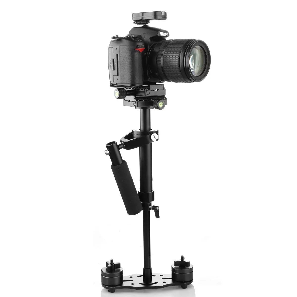 Black aluminium handheld camera stabilizer S40 S60 shown with adjustable height and comfortable grip.