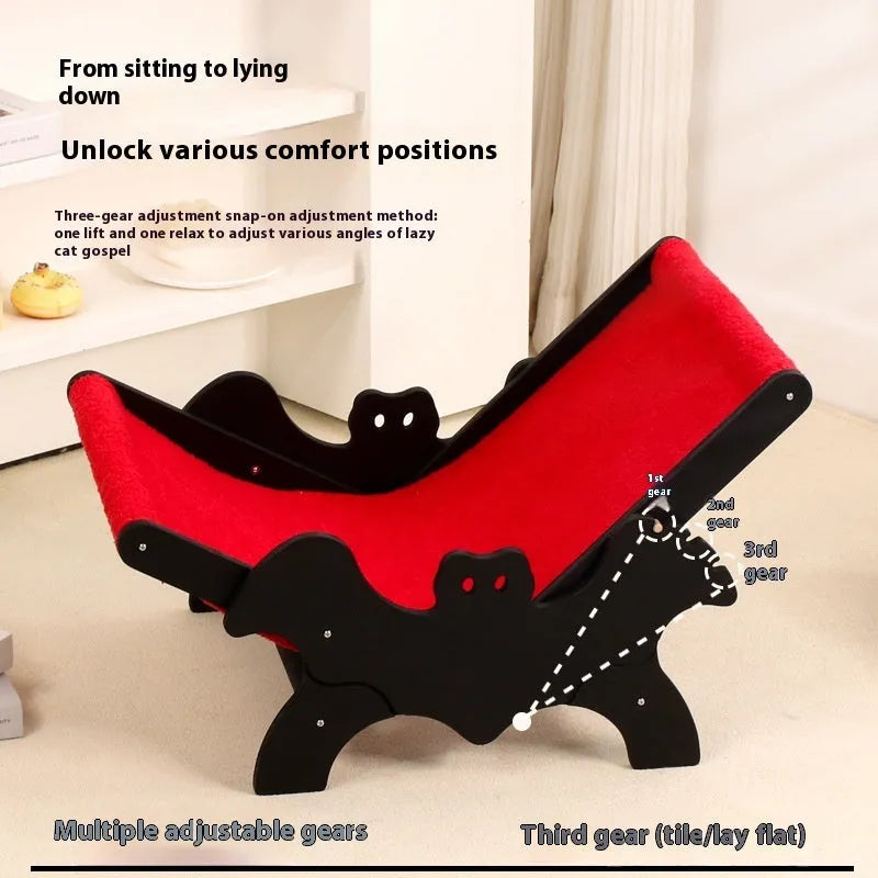 Black and red Halloween themed wooden cat recliner bed with bat decorations