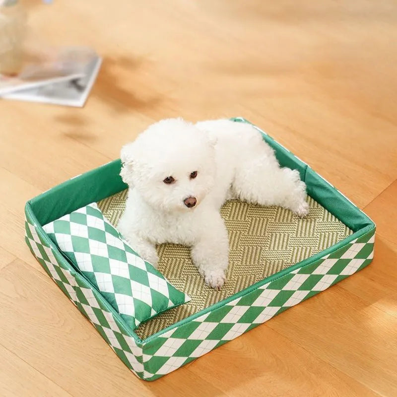 Rattan woven cat litter mat serving as cooling bed in blue, size options shown