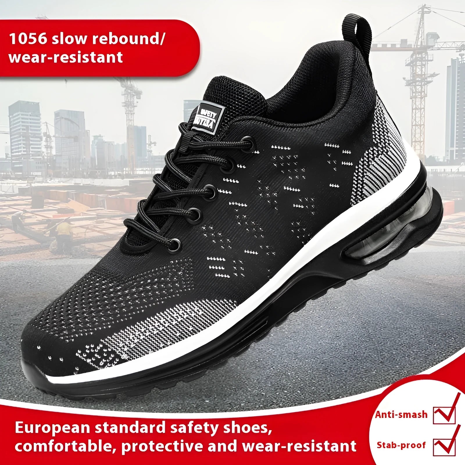 Black steel toe work shoes for men with fly woven mesh upper and protective features