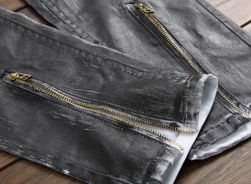 Pair of men's black basic straight jeans with worn finish, 98% cotton, side view
