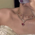 Red love heart pendant on double layer alloy necklace with adjustable chain