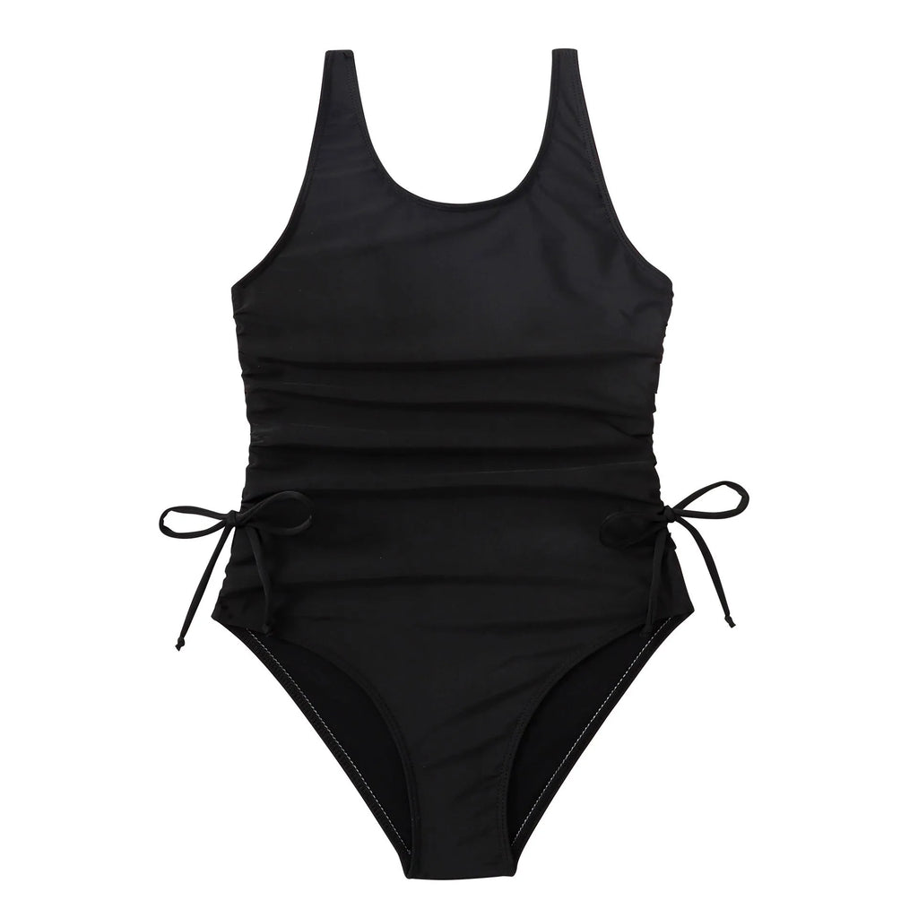 Black girls' swimsuit with pleated tie detail, briefs style, polyester spandex, sizes 130-160