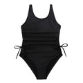 Black girls' swimsuit with pleated tie detail, briefs style, polyester spandex, sizes 130-160