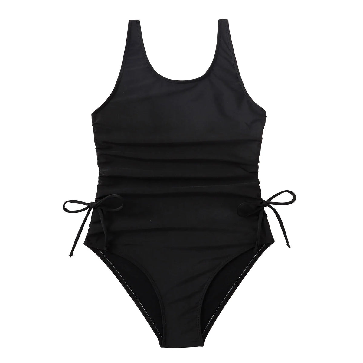 Black girls' swimsuit with pleated tie detail, briefs style, polyester spandex, sizes 130-160
