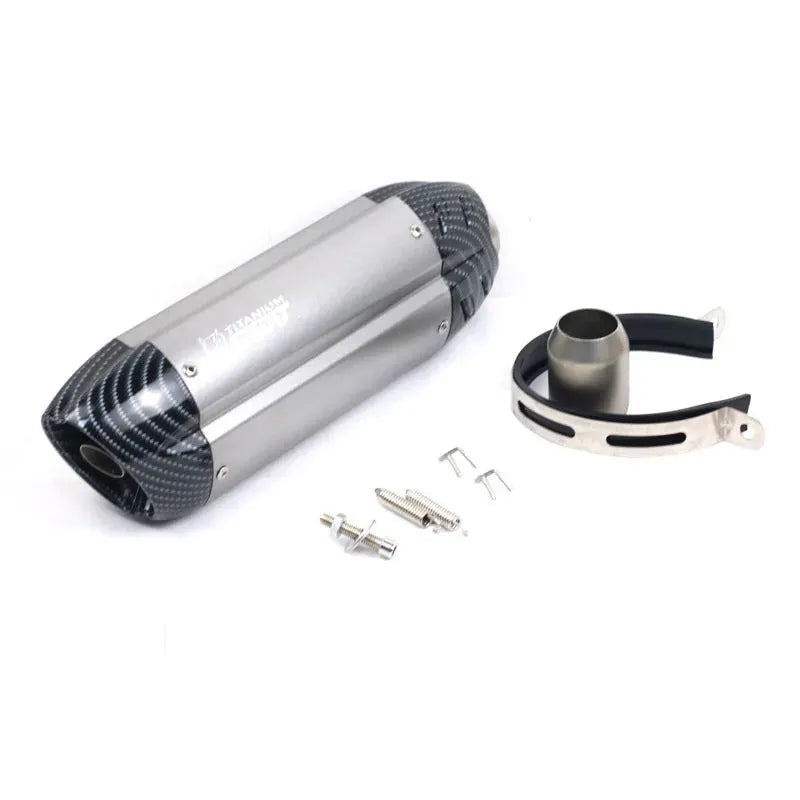 Stainless steel small hexagonal motorcycle exhaust pipe modification with muffler, showing 51mm connection.