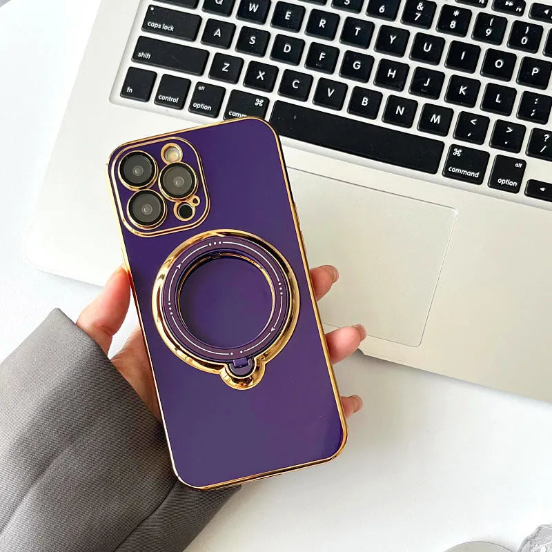 Magnetic suction rotating stand phone case for iPhone in electroplated finish, available in black, white, pink, dark purple, green, blue