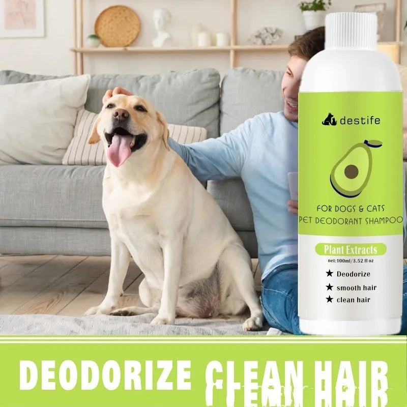 100ml bottle of pet shampoo and conditioner for dogs and cats with deodorising and shed control properties