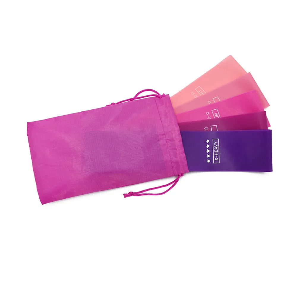 Natural latex resistance bands set, 600mm x 50mm, five colours and resistance levels 5-40lb for Pilates and Crossfit.
