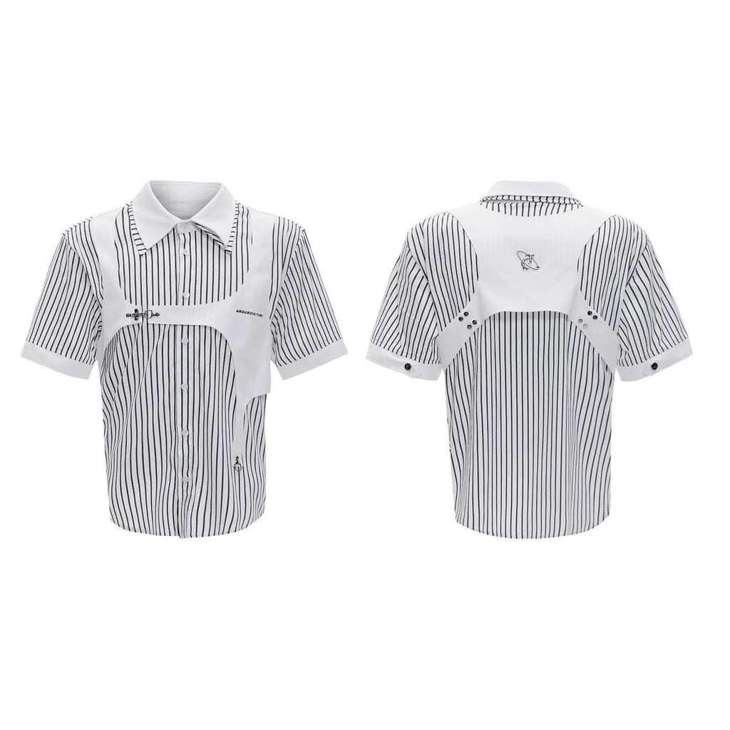Men's black and white striped cotton shirt with double lapel collar and short sleeves