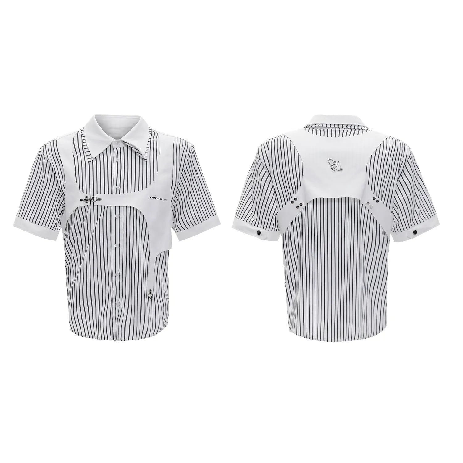 Men's black and white striped cotton shirt with double lapel collar and short sleeves
