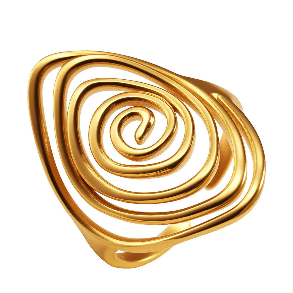 Geometric spiral laid open ring in stainless steel, unisex retro style, available in colours F1679 and F1680