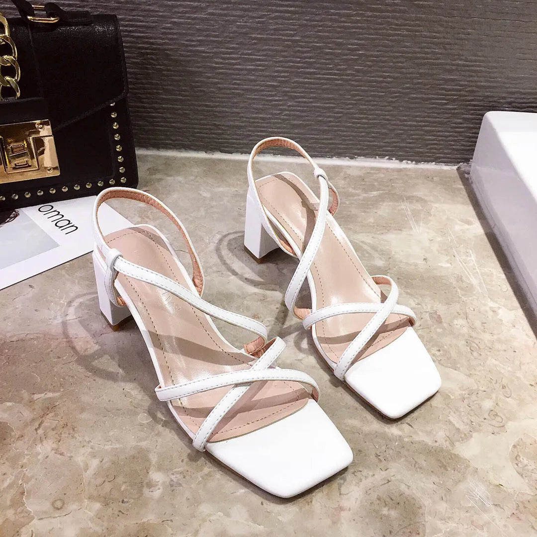 Women's thick-heeled sandals in apricot colour showing the high heel and open back sleeve design
