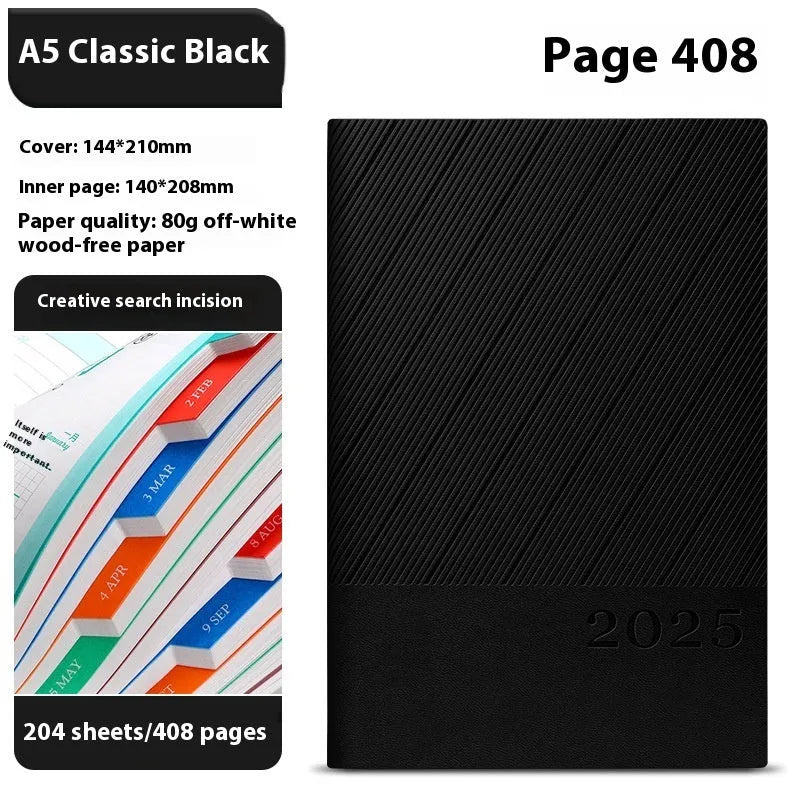 A4 notepad with striped PU leather cover open on 80g paper, showing 408 pages.