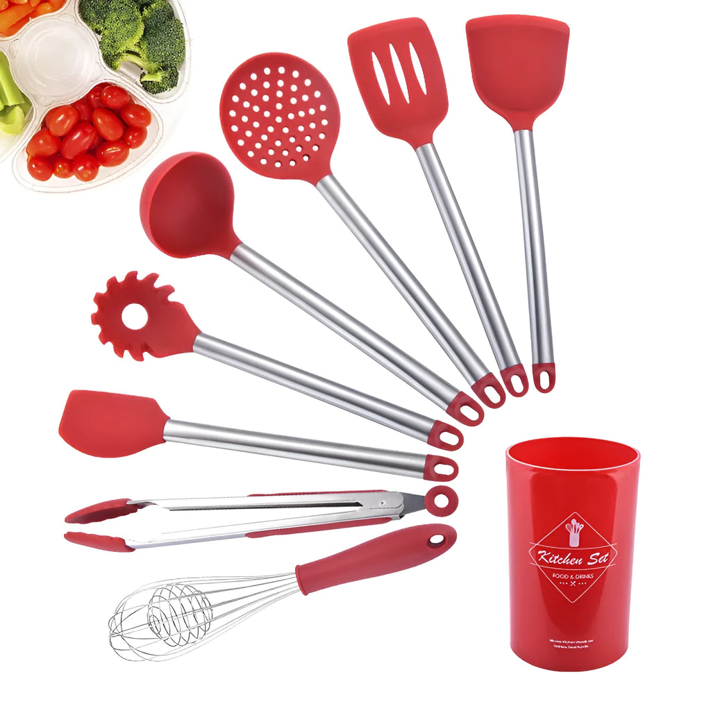 Silicone kitchenware set with stainless steel tube handle, eight utensils in red or black for cooking and baking