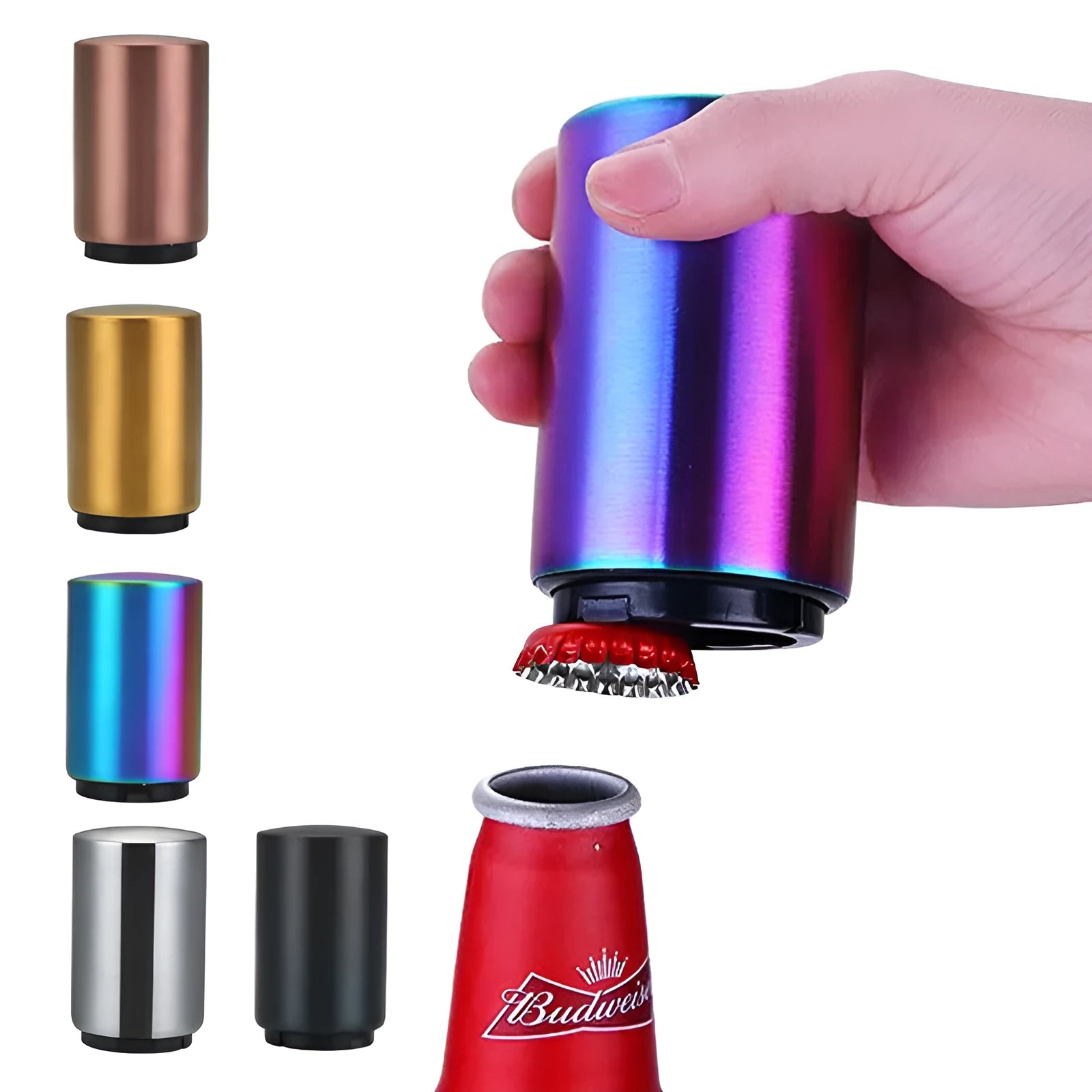 Silver magnetic automatic bottle opener with stainless steel body and brushed finish on kitchen countertop