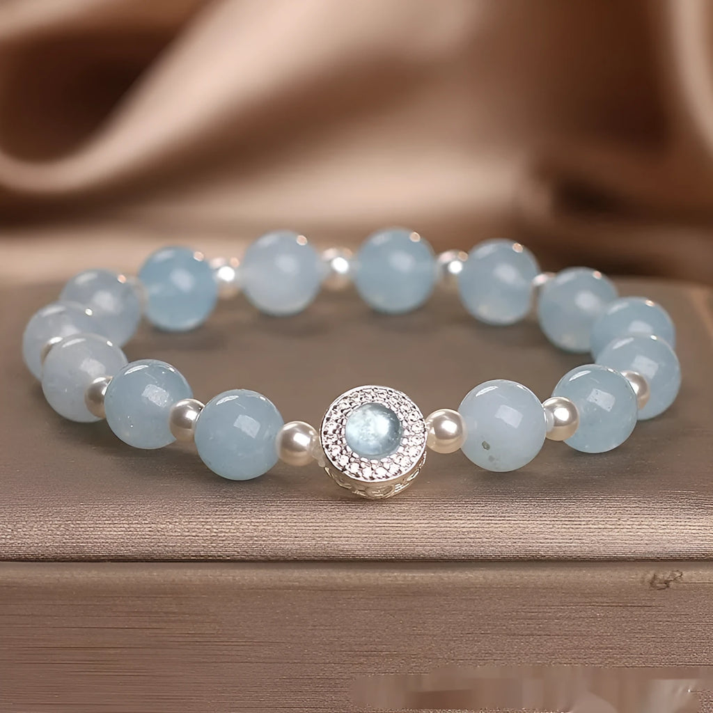 Natural aquamarine crystal bracelet for women in sky blue with original design