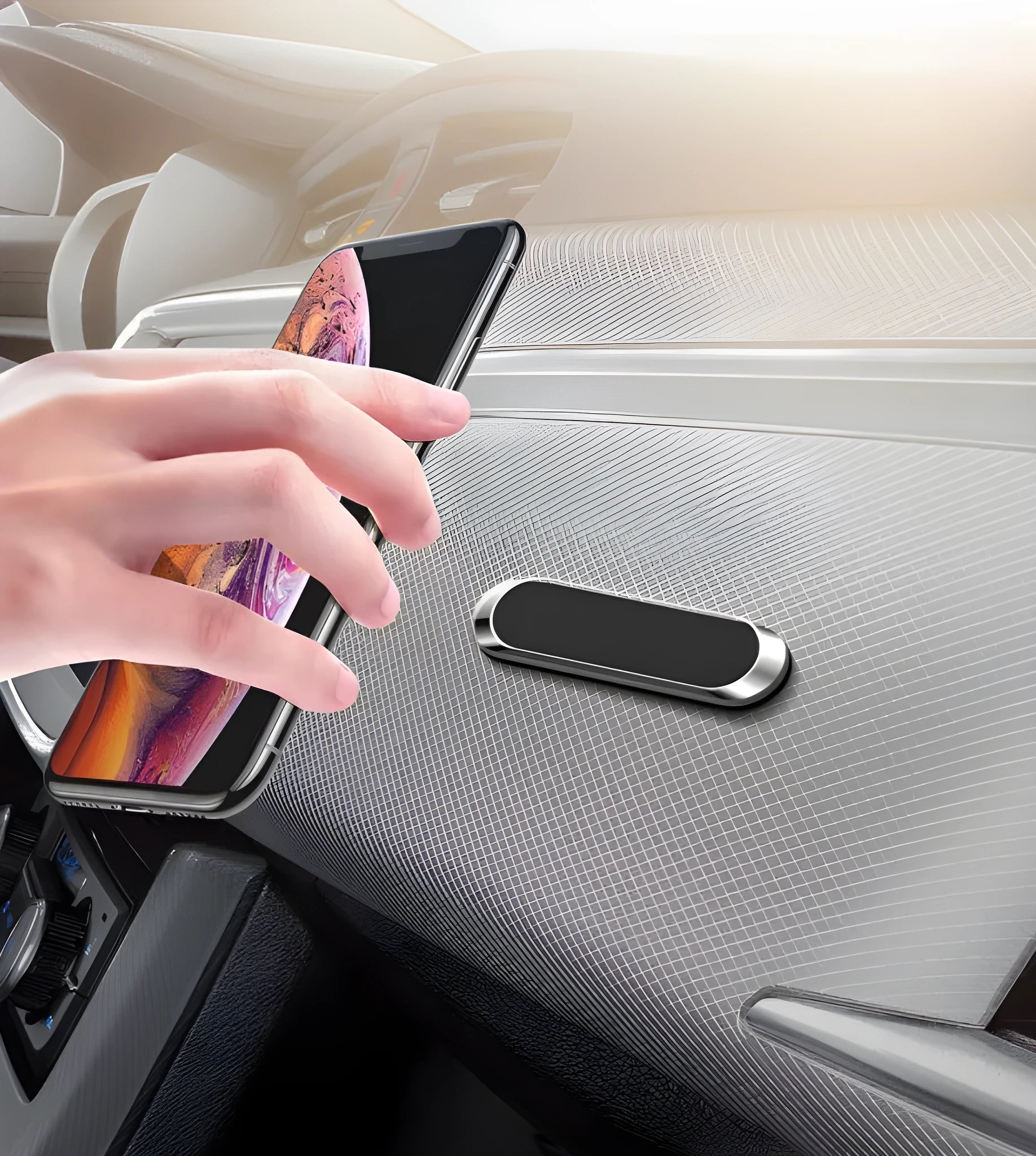 Grey magnetic car phone holder F6 strip plate with steel spring frame on car dashboard
