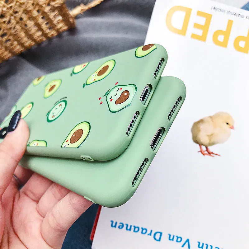 Colourful cartoon avocado design on a flexible TPU phone case for iPhone.
