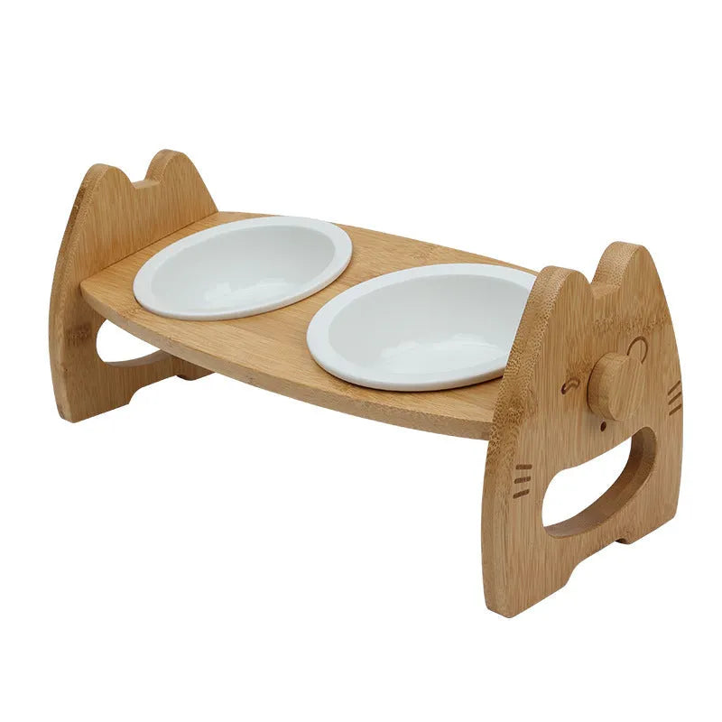Height adjustable bamboo and ceramic double pet bowl stand with wooden frame, original wood colour, suitable for cats and dogs