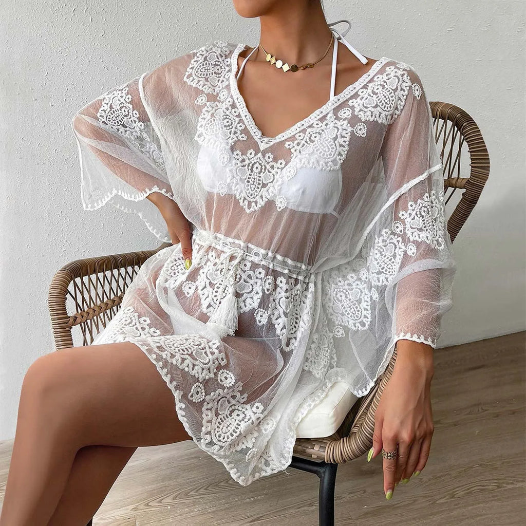 White polyester beach cover-up blouse for women with free size fit