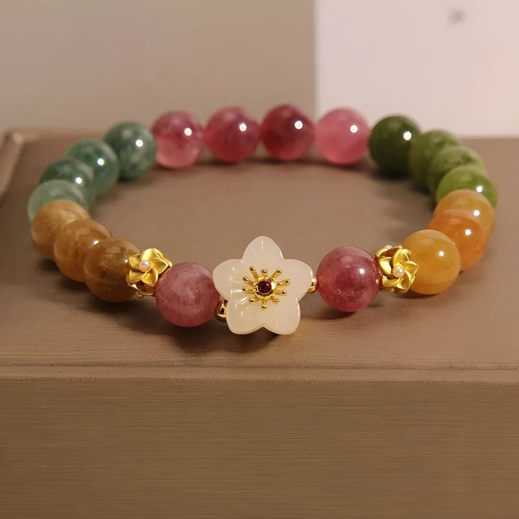 Natural tourmaline flower bracelet with geometric shapes and electroplated metal components
