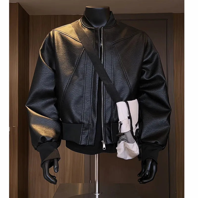 Men's black PU litchi leather jacket with extended 100cm length and tight business fit