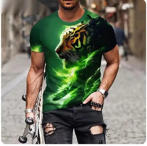 Men's grey t-shirt with a fierce lion's head 3D graphic print on the front.