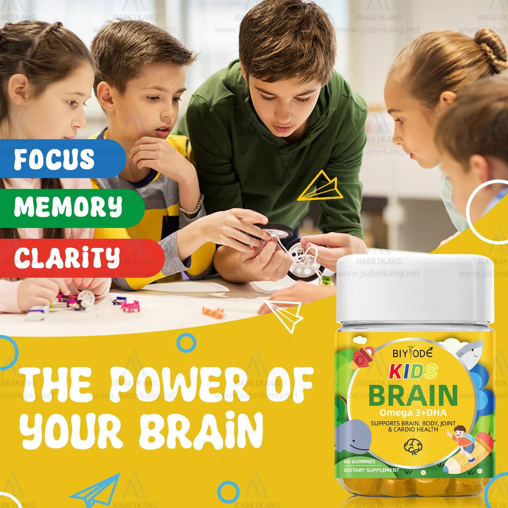 Bottle of kids DHA focus gummies with omega 369 for brain health and immune support, 60 gummies