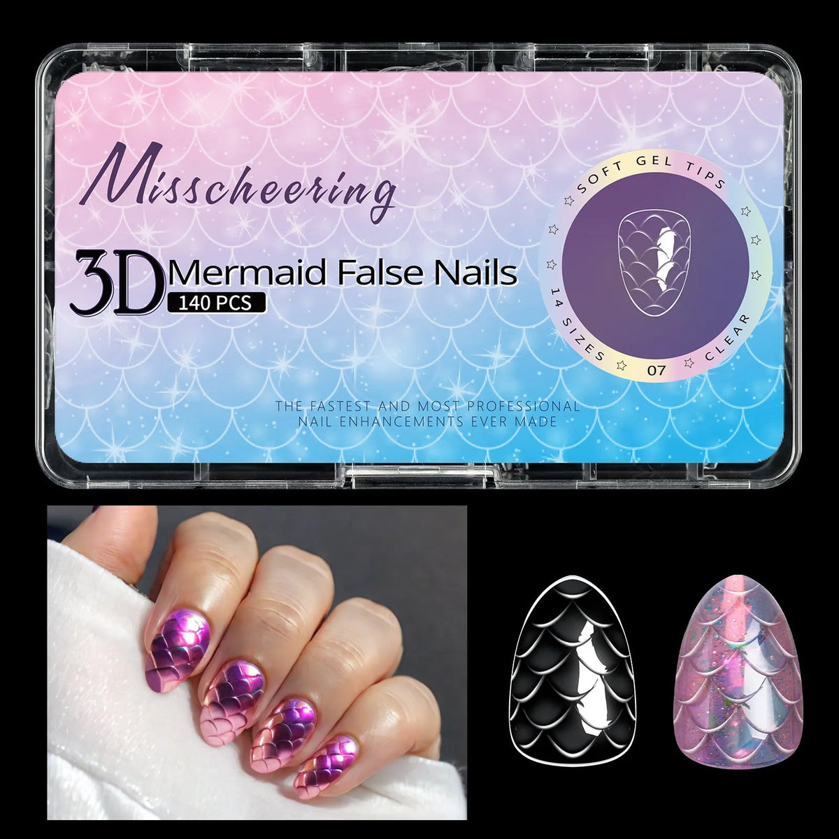 Pack of 3D scale texture long artificial nail tips with deep C-Cut, shown in Frigate Box colour options.