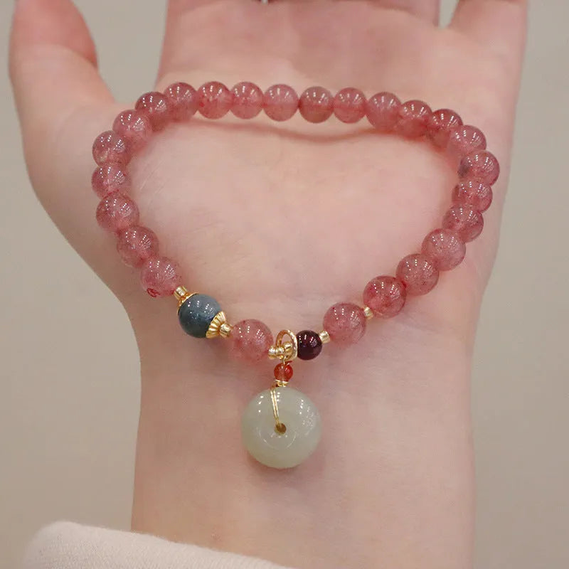 Natural strawberry quartz women's bracelet with geometric design and silver safety buckle