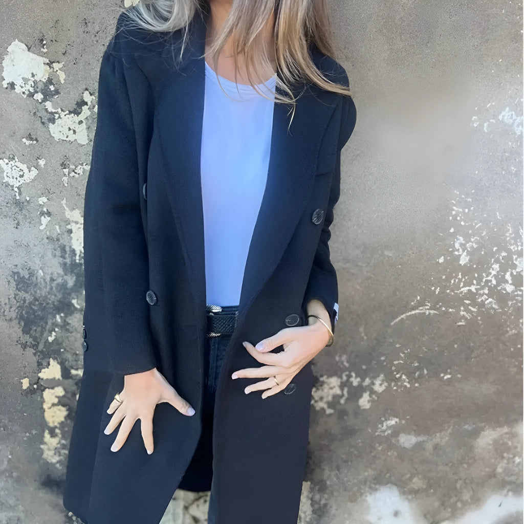 Women's mid-length double-breasted polyester casual jacket in solid colour with collar and long sleeves