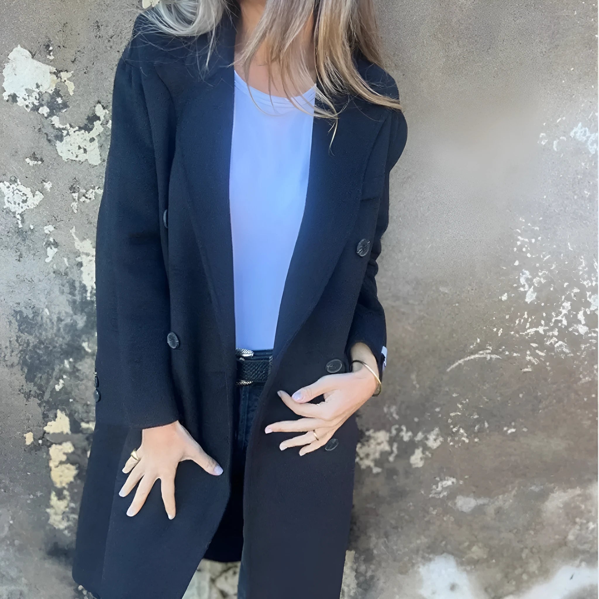 Women's mid-length double-breasted polyester casual jacket in solid colour with collar and long sleeves
