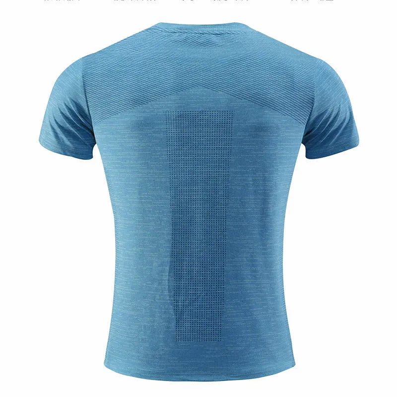 Men's short sleeve polyester spandex sports t-shirt for running and workouts on a mannequin