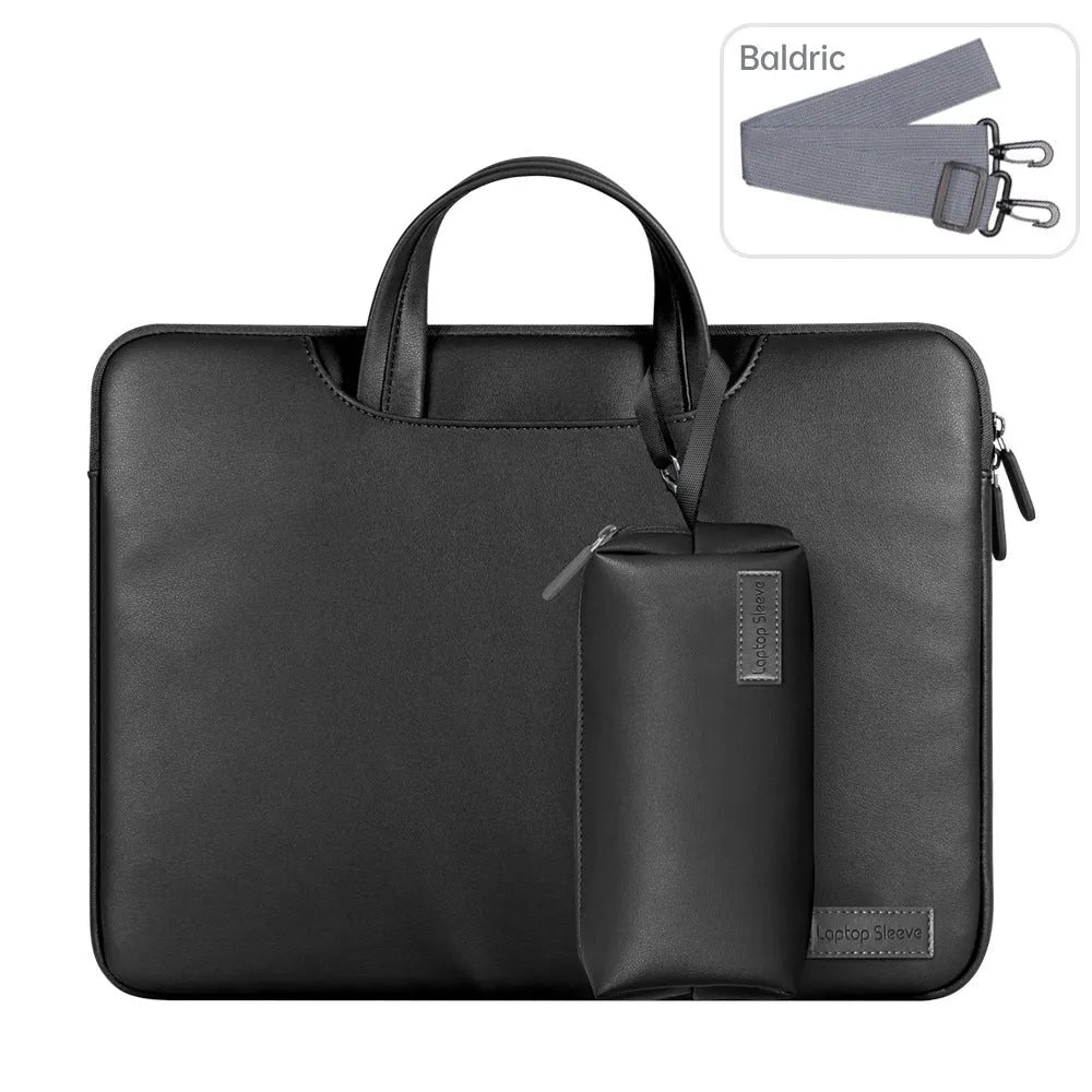 Waterproof PU laptop bag in black with accessory bag and shoulder strap for 15.6 inch laptop