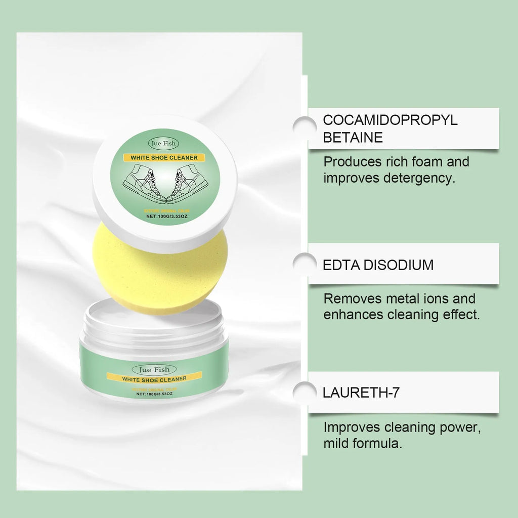 White shoe cleaning cream in a 100g tub with a sponge for portable stain removal