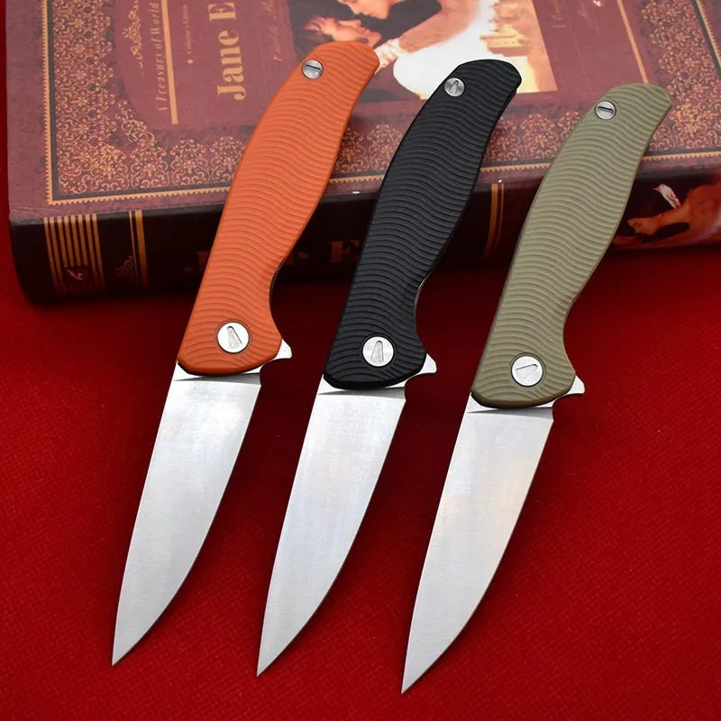 Outdoor folding knife with 9.6cm D2 steel blade and black nylon glass fibre handle
