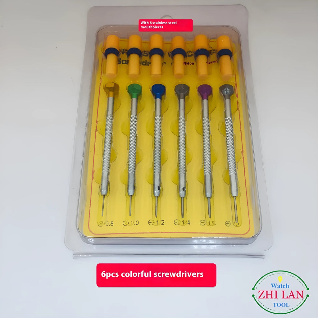 Six-piece watch repair screwdriver set with colour-coded aluminium handles and copper construction