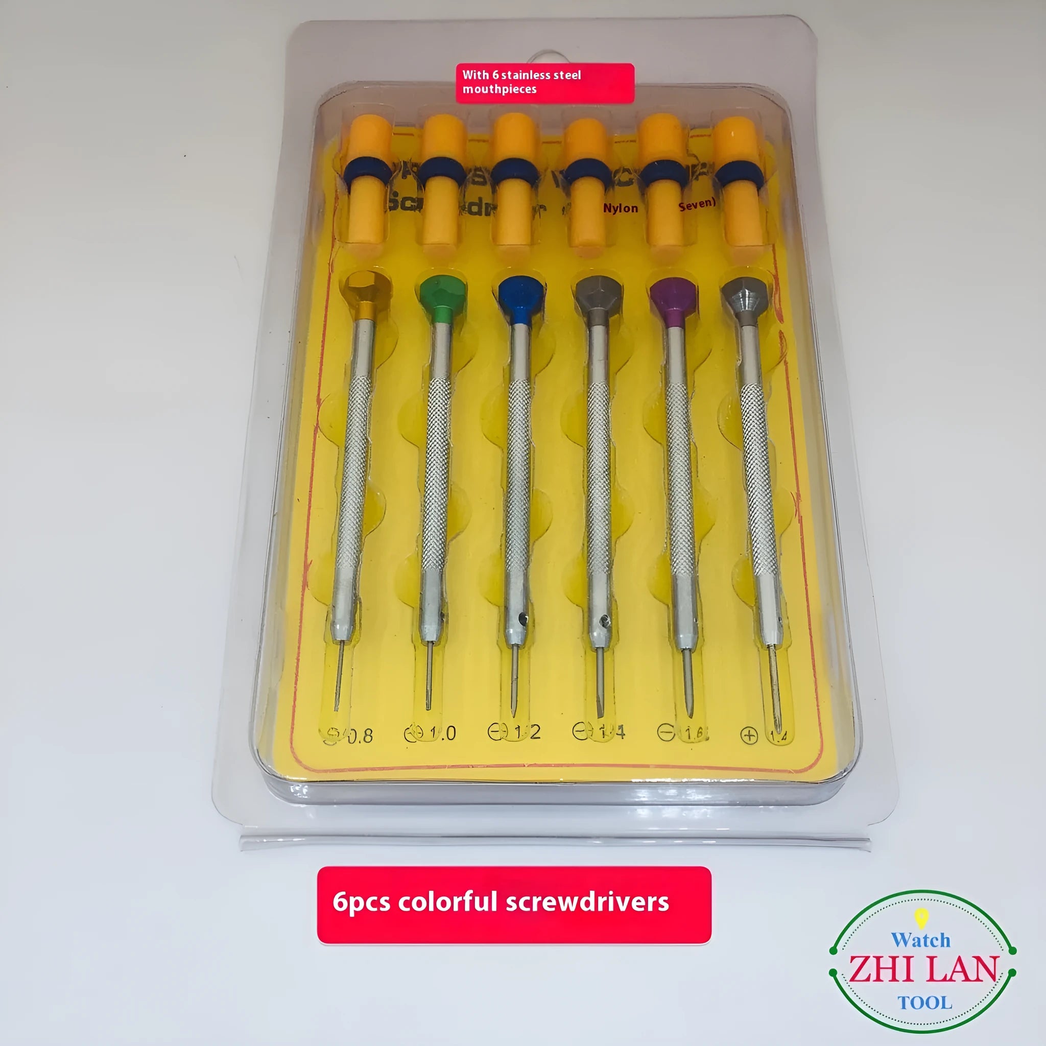 Six-piece watch repair screwdriver set with colour-coded aluminium handles and copper construction