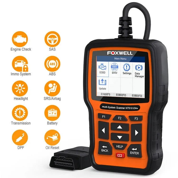 Foxwell NT510 orange and black automotive diagnostic tool with OBD2 scanner and system reset functions